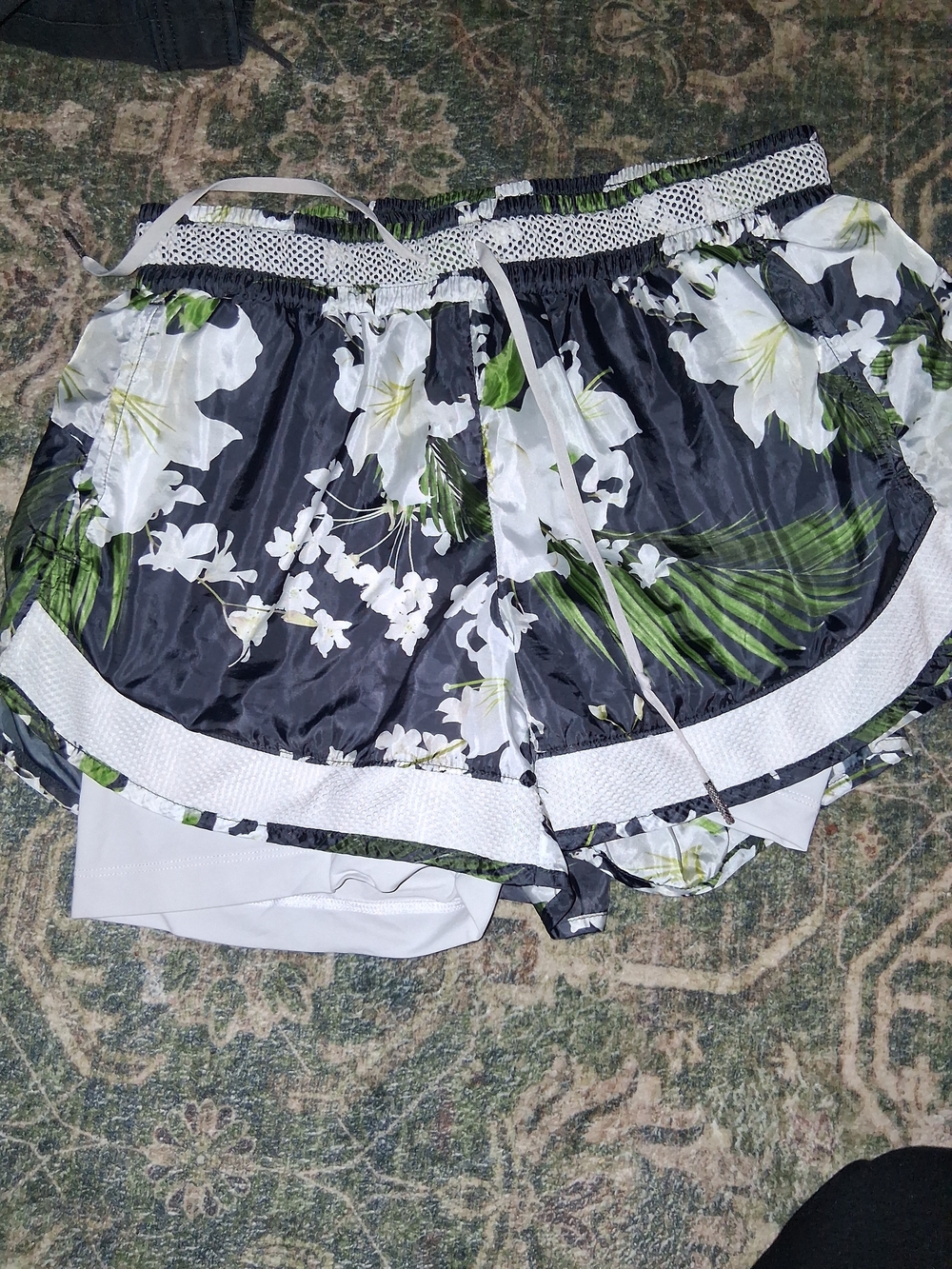 Danskin Black Floral Athletic Shorts with White Trim